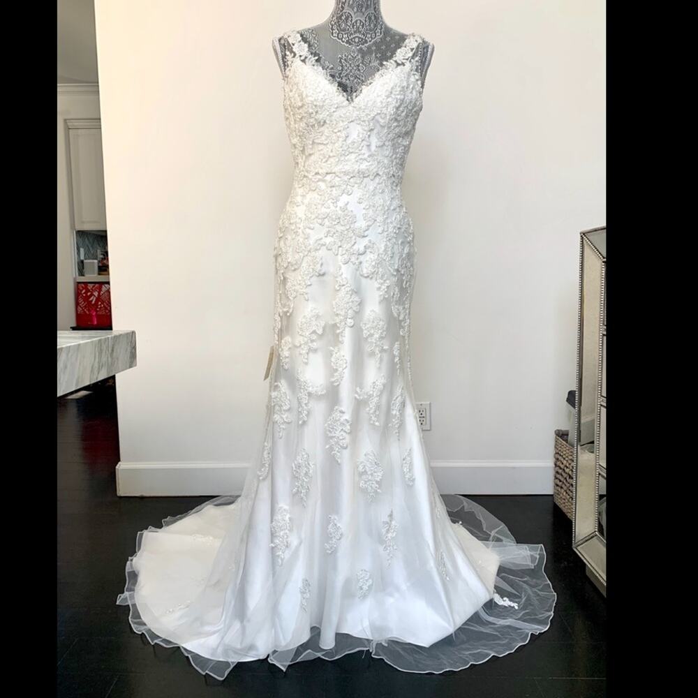 Mia Solano ‘Cate’ Ivory V Neck Beaded Sleeveless Backless Sheath Wedding Dress - Picture 2 of 9